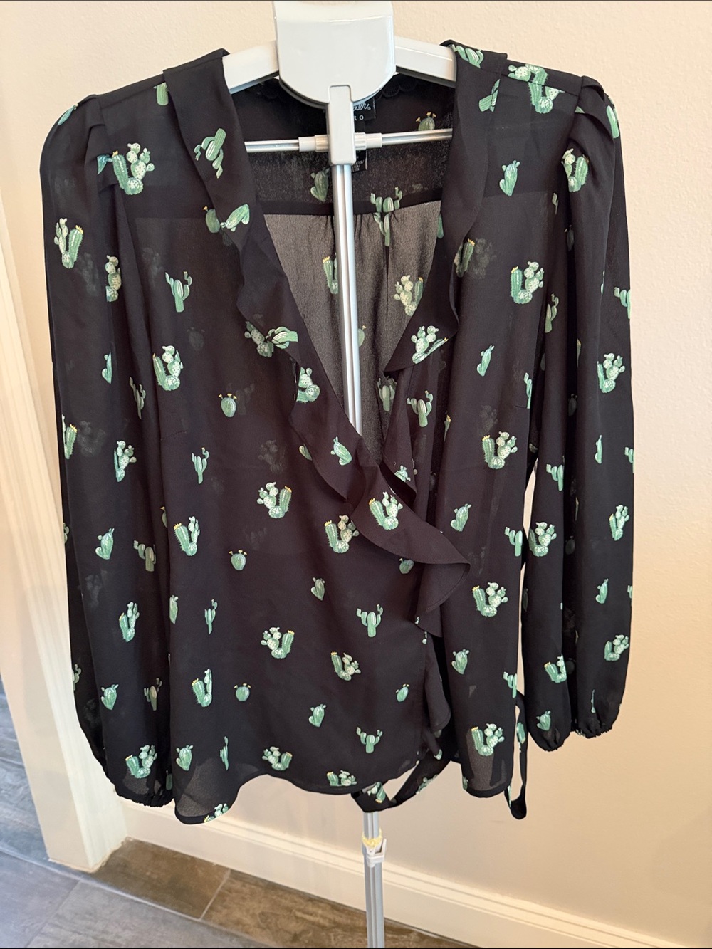 Wrangler Retro Black Sheer Blouse with Mint Cactus Print and Ruffle V-Neck
